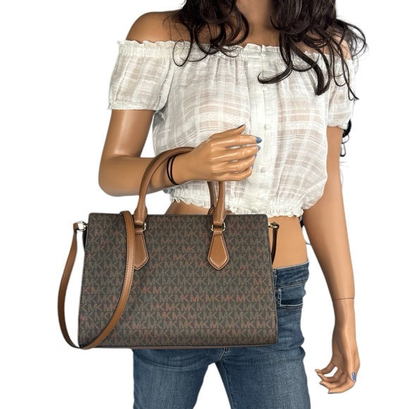 Michael Kors Sheila Mefium Satchel Shoulder Bag MK Center Stripe Brown Multi - Picture 2 of 13